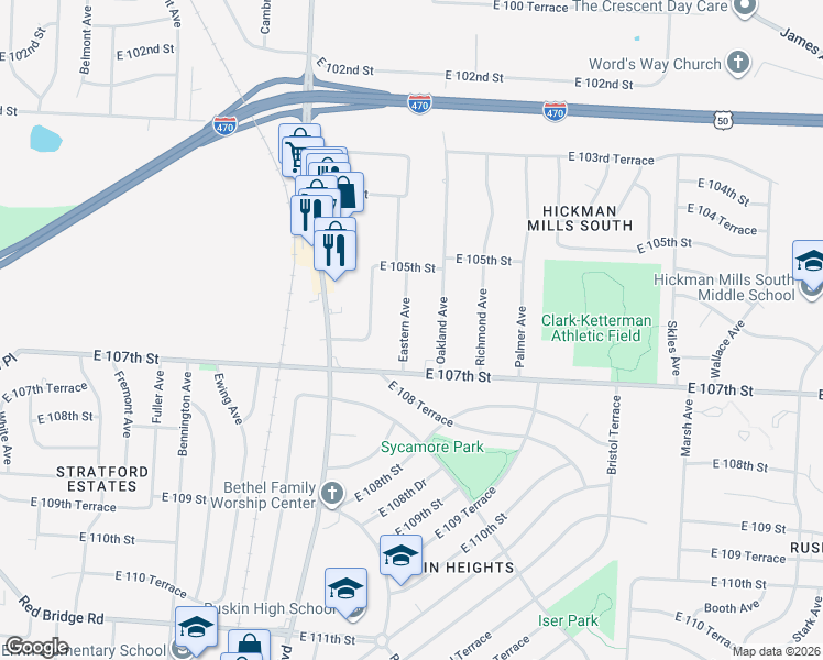 map of restaurants, bars, coffee shops, grocery stores, and more near 10609 Eastern Avenue in Kansas City