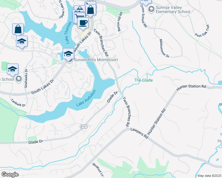 map of restaurants, bars, coffee shops, grocery stores, and more near 10996 Thrush Ridge Road in Reston
