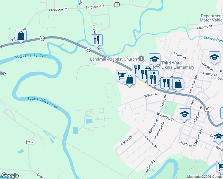 map of restaurants, bars, coffee shops, grocery stores, and more near Lough Lane in Elkins