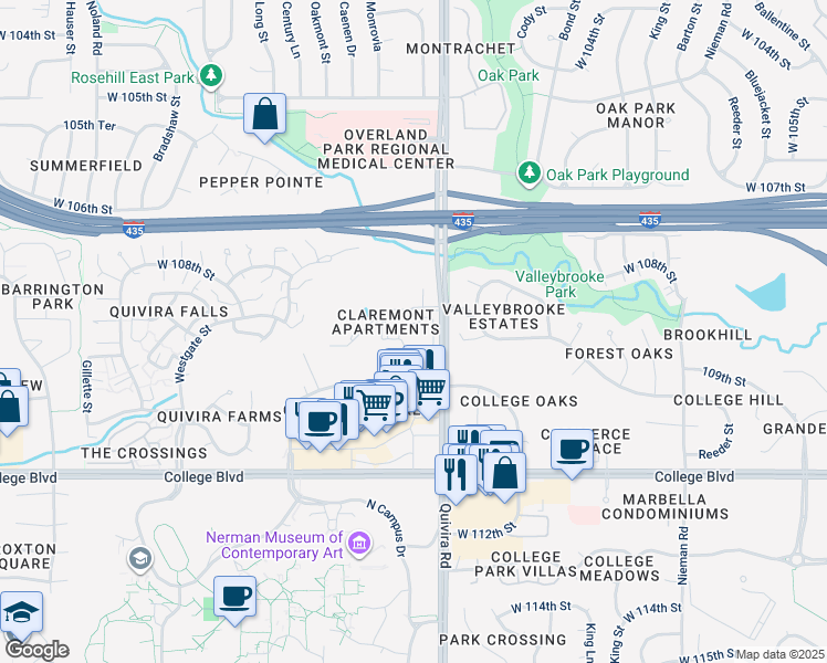map of restaurants, bars, coffee shops, grocery stores, and more near 11909 West 109th Street in Overland Park