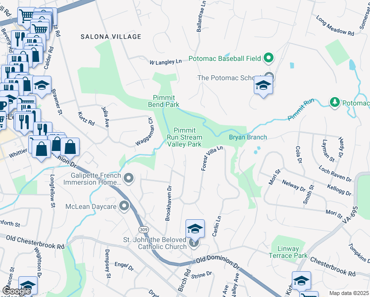 map of restaurants, bars, coffee shops, grocery stores, and more near 1435 Oakview Drive in McLean