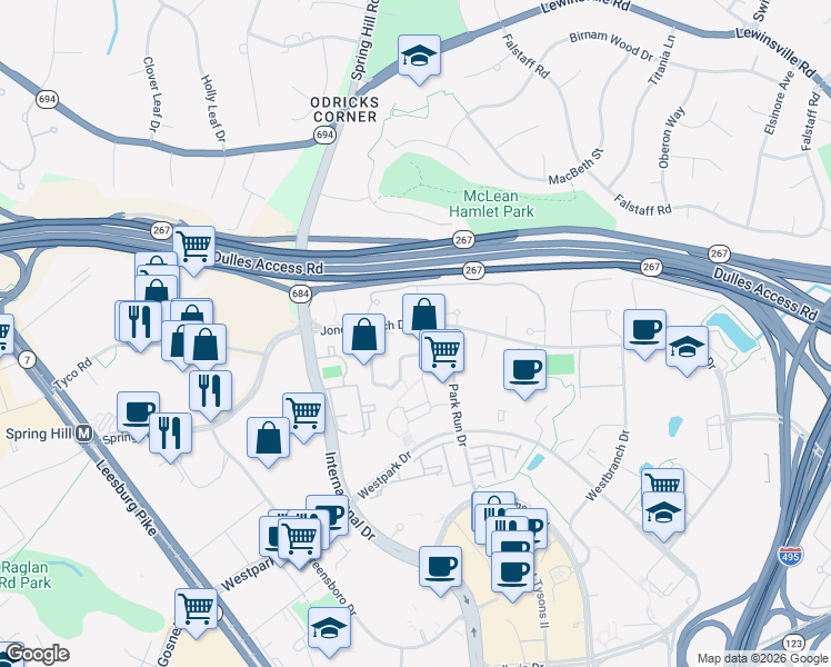 map of restaurants, bars, coffee shops, grocery stores, and more near 1504 Lincoln Way in McLean