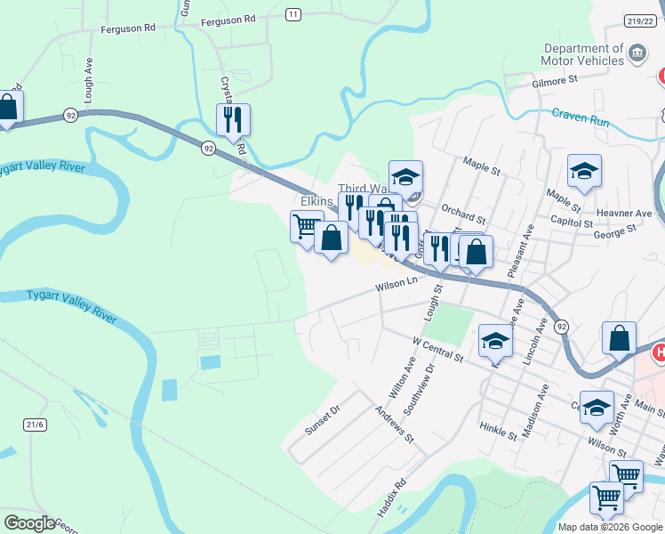map of restaurants, bars, coffee shops, grocery stores, and more near 1513 Harrison Avenue in Elkins