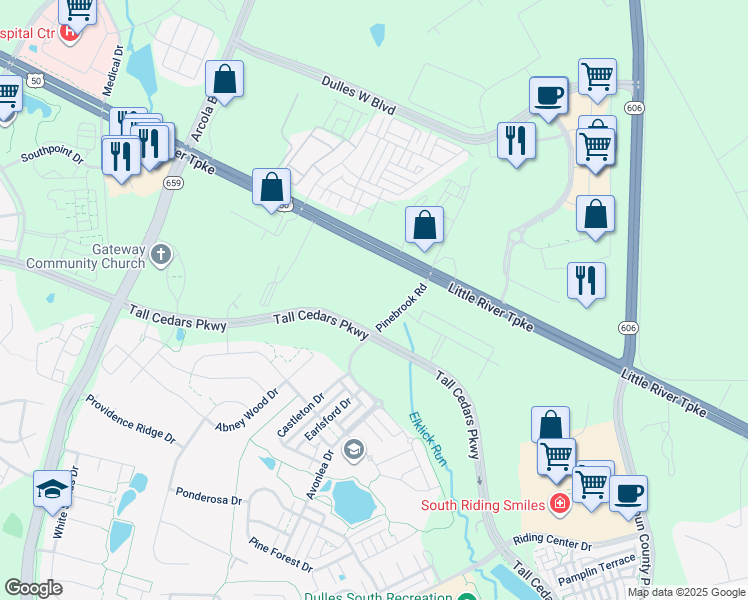 map of restaurants, bars, coffee shops, grocery stores, and more near 24805 Pinebrook Road in Chantilly