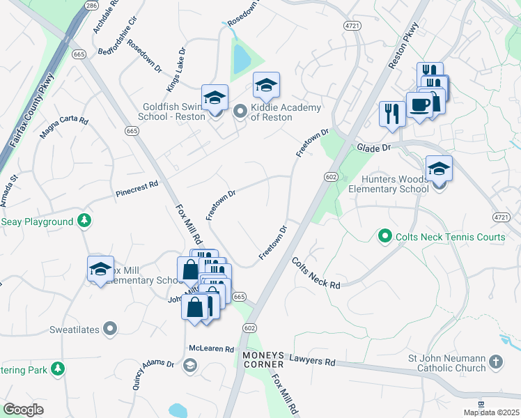 map of restaurants, bars, coffee shops, grocery stores, and more near 12349 Lima Lane in Reston
