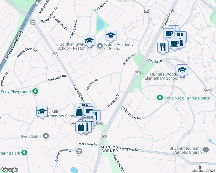 map of restaurants, bars, coffee shops, grocery stores, and more near 12349 Lima Lane in Reston