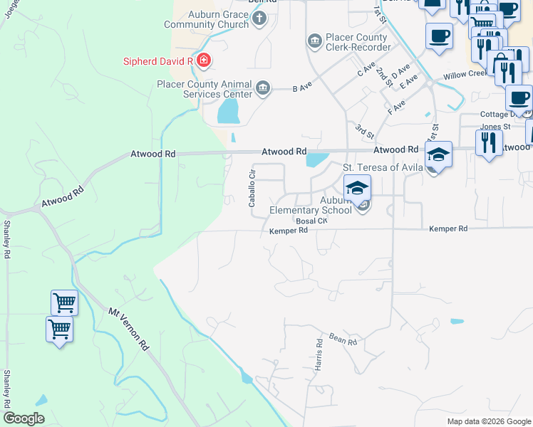 map of restaurants, bars, coffee shops, grocery stores, and more near 2810 Orbeck Court in Auburn