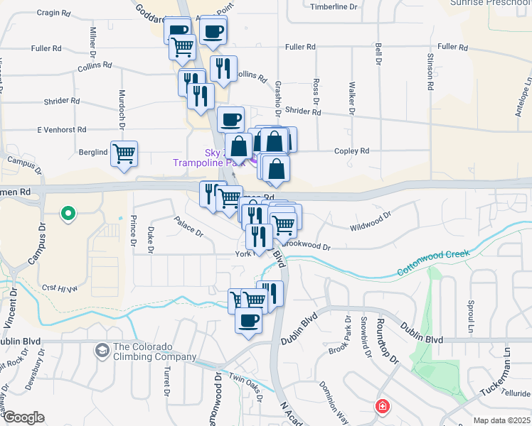map of restaurants, bars, coffee shops, grocery stores, and more near 1625 East Woodmen Road in Colorado Springs