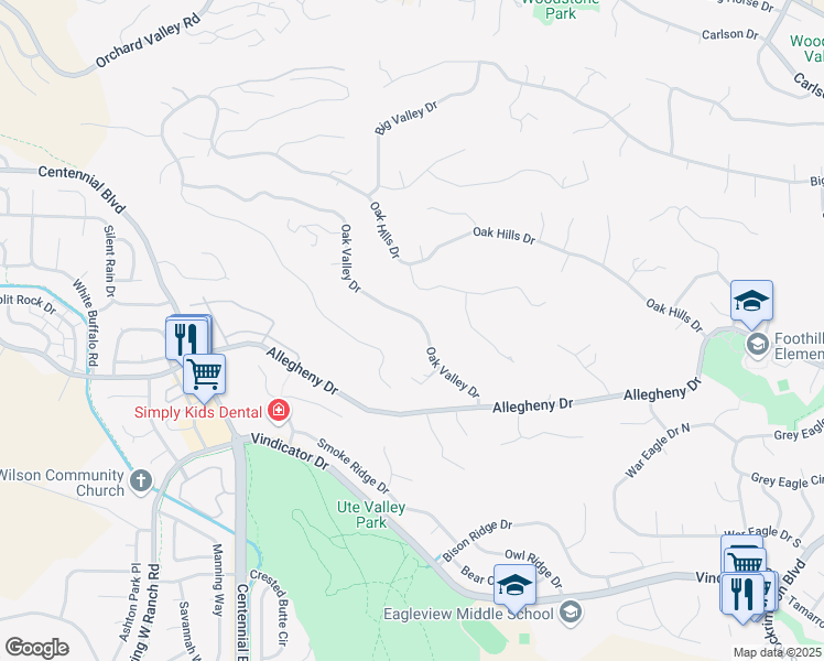 map of restaurants, bars, coffee shops, grocery stores, and more near 6949 Oak Valley Drive in Colorado Springs