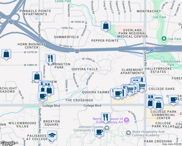 map of restaurants, bars, coffee shops, grocery stores, and more near 12696 West 108th Terrace in Overland Park
