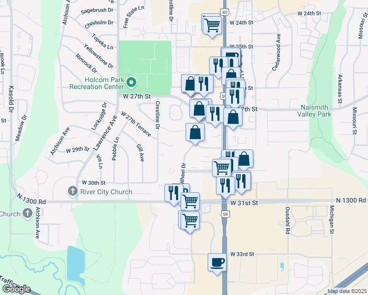 map of restaurants, bars, coffee shops, grocery stores, and more near 2505 Crestline Court in Lawrence