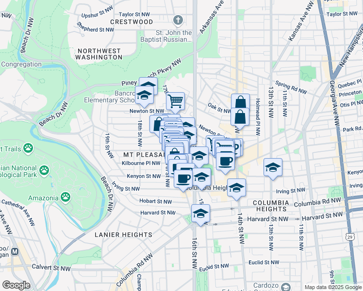 map of restaurants, bars, coffee shops, grocery stores, and more near 1630 Park Road Northwest in Washington