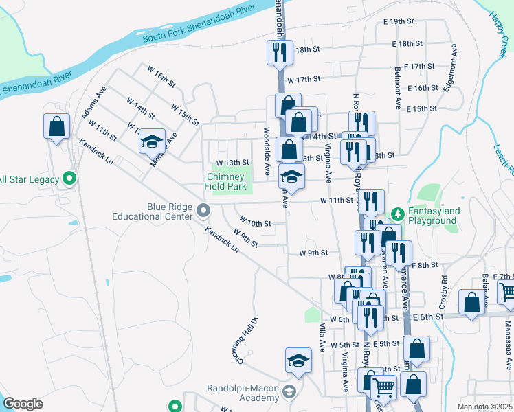 map of restaurants, bars, coffee shops, grocery stores, and more near 326 West 11th Street in Front Royal