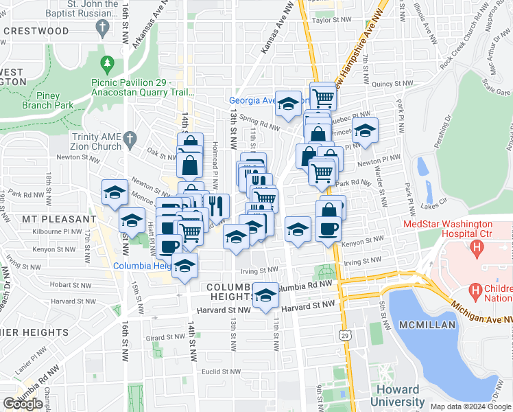 map of restaurants, bars, coffee shops, grocery stores, and more near 11th St NW & Park Rd NW in Washington
