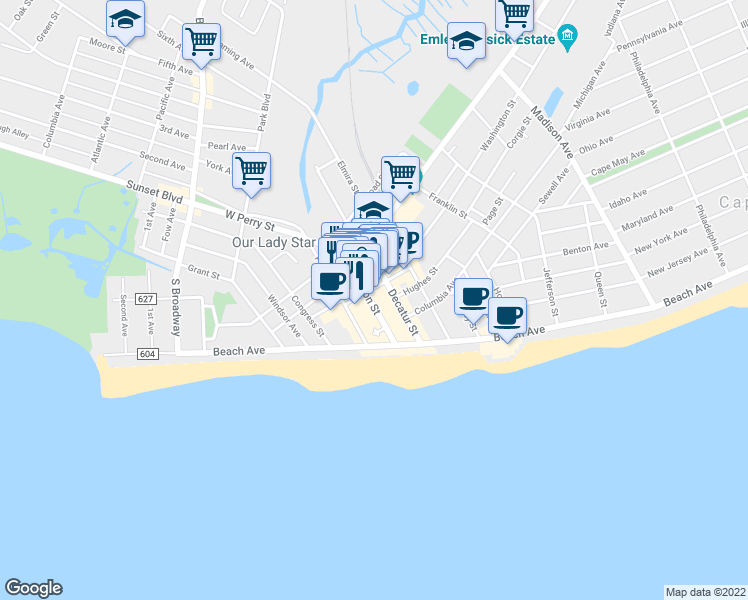 map of restaurants, bars, coffee shops, grocery stores, and more near 325 Washington Street in Cape May