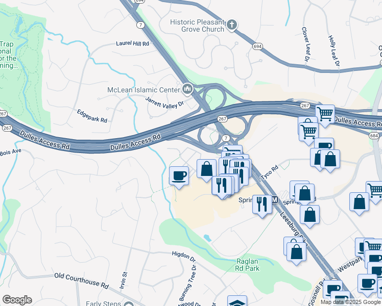 map of restaurants, bars, coffee shops, grocery stores, and more near 1582 Leeds Castle Drive in Vienna