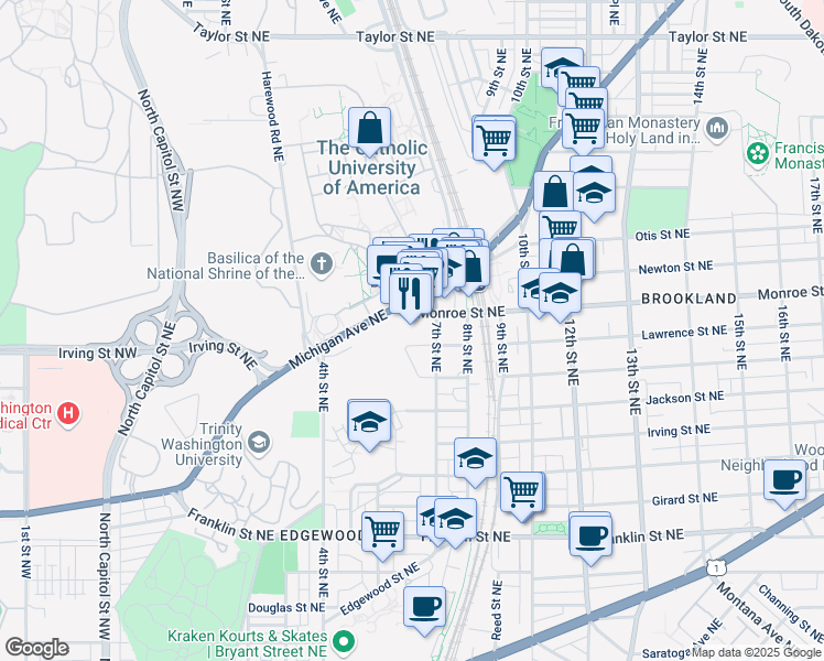 map of restaurants, bars, coffee shops, grocery stores, and more near 625 Monroe Street Northeast in Washington