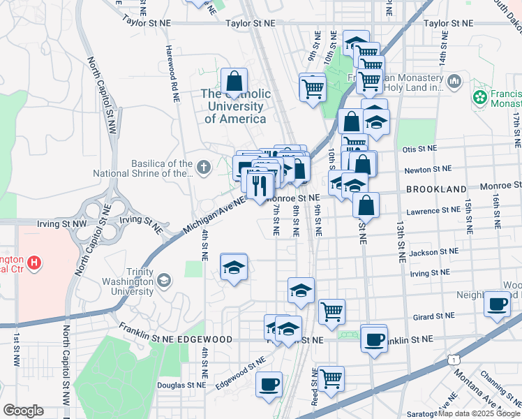 map of restaurants, bars, coffee shops, grocery stores, and more near 625 Monroe Street Northeast in Washington