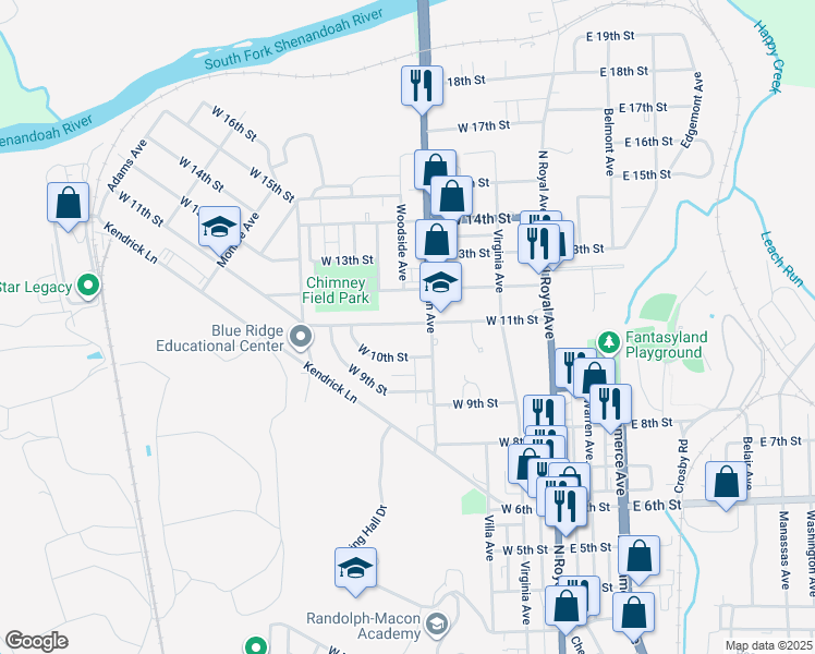 map of restaurants, bars, coffee shops, grocery stores, and more near 318 West 11th Street in Front Royal