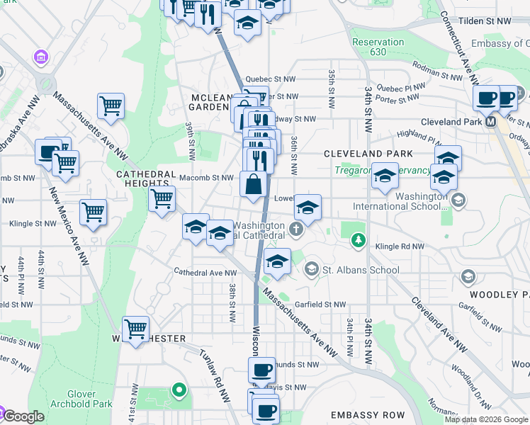 map of restaurants, bars, coffee shops, grocery stores, and more near Wisconsin Ave NW & Woodley Rd NW in Washington