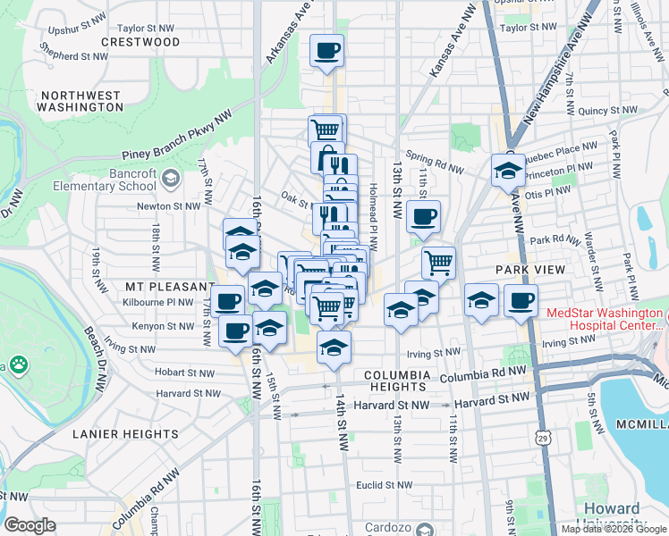 map of restaurants, bars, coffee shops, grocery stores, and more near 14th St NW & Newton St NW in Washington