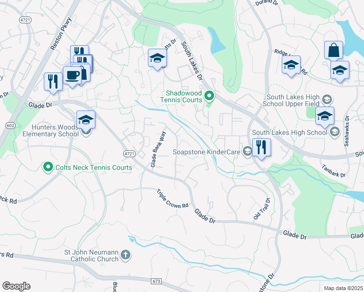 map of restaurants, bars, coffee shops, grocery stores, and more near 11751 Mossy Creek Lane in Reston