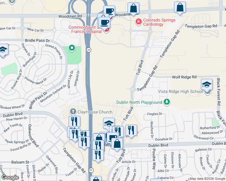 map of restaurants, bars, coffee shops, grocery stores, and more near 6910 Templeton Gap Road in Colorado Springs