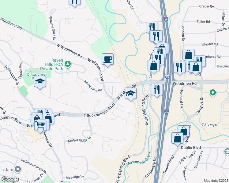 map of restaurants, bars, coffee shops, grocery stores, and more near 6937 Gayle Lyn Lane in Colorado Springs