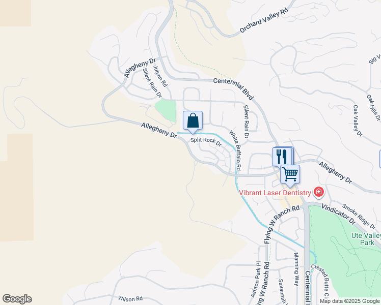 map of restaurants, bars, coffee shops, grocery stores, and more near 2512 Allegheny Drive in Colorado Springs