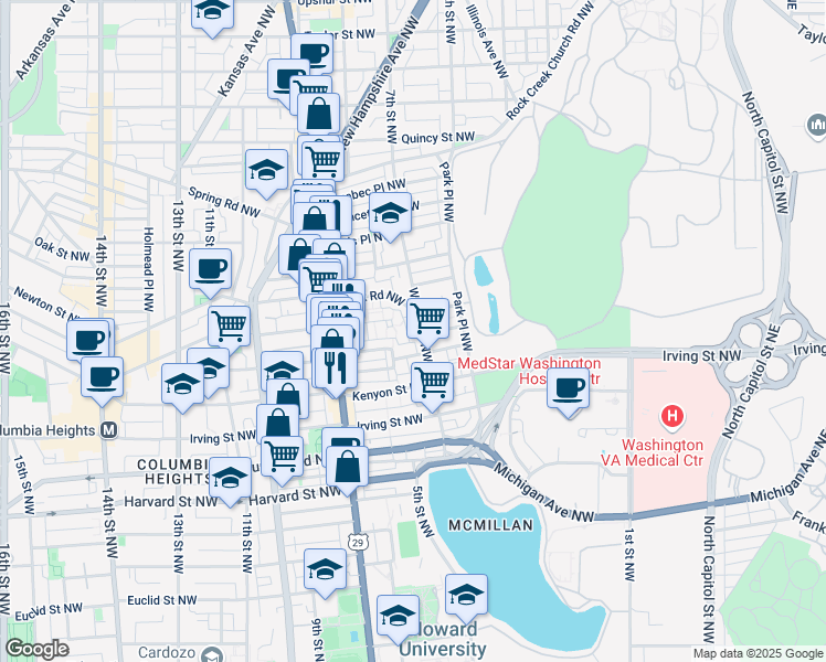 map of restaurants, bars, coffee shops, grocery stores, and more near 500 Park Road Northwest in Washington