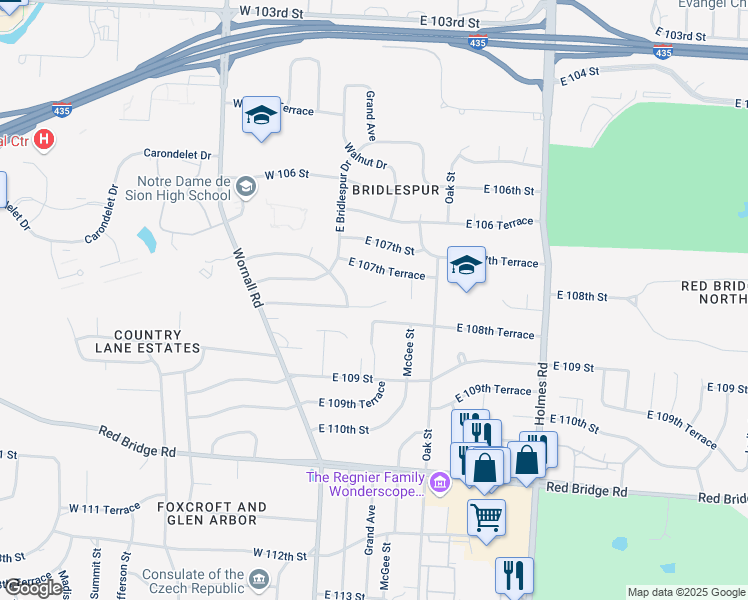 map of restaurants, bars, coffee shops, grocery stores, and more near 59 East 107th Terrace in Kansas City