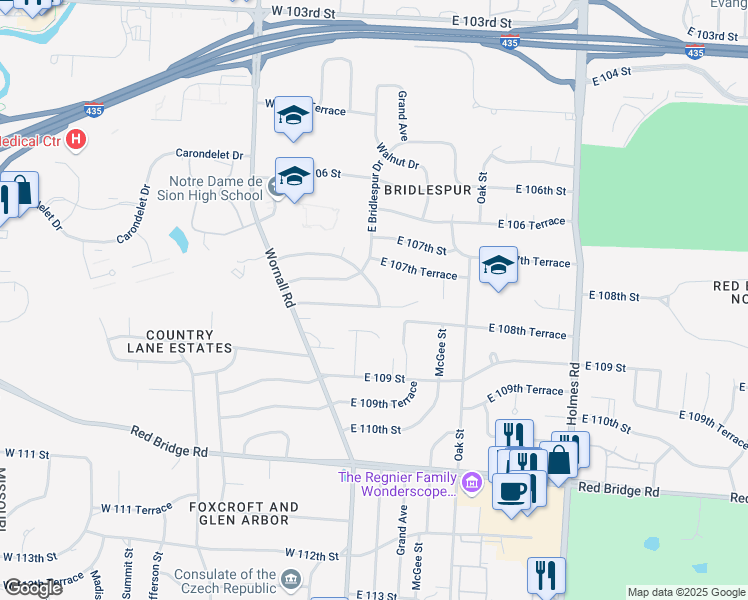 map of restaurants, bars, coffee shops, grocery stores, and more near 10750 Bridlespur Terrace in Kansas City