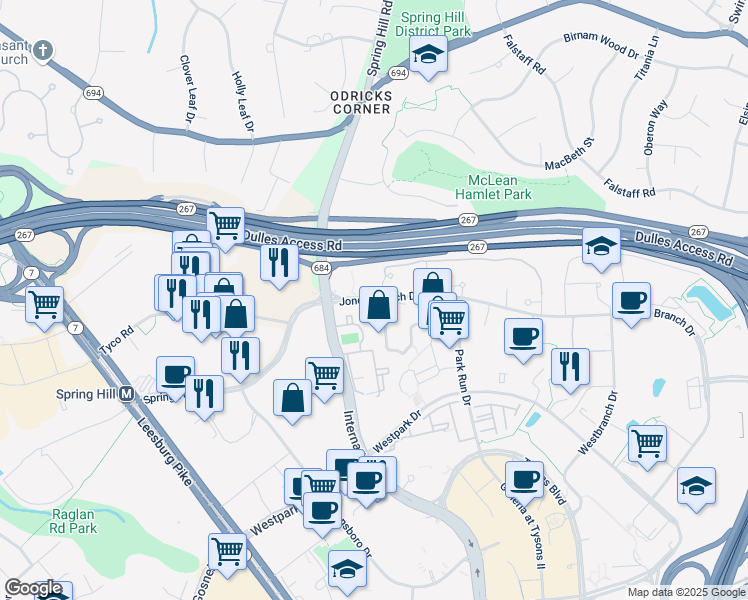map of restaurants, bars, coffee shops, grocery stores, and more near Jones Branch Drive & Lincoln Way in McLean