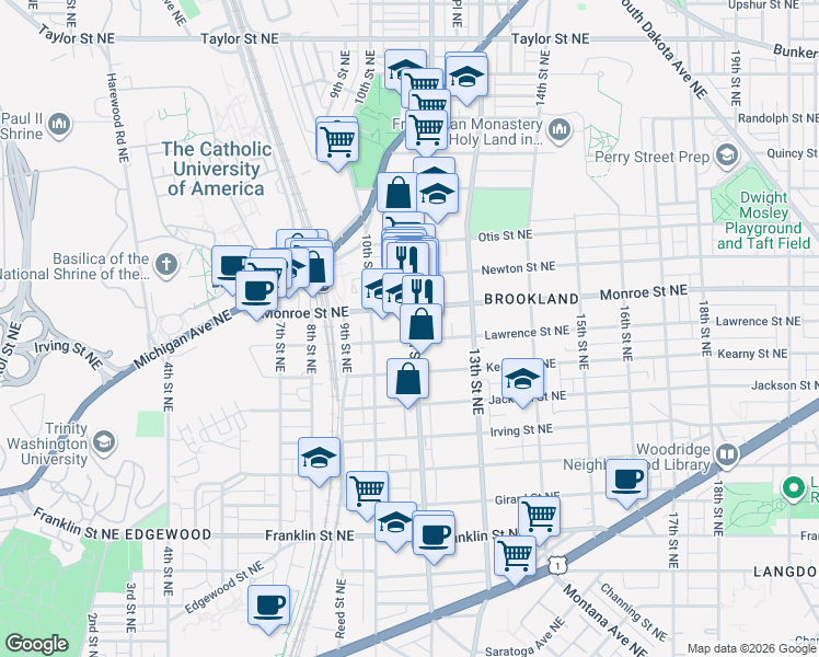 map of restaurants, bars, coffee shops, grocery stores, and more near 1225 Monroe Street Northeast in Washington