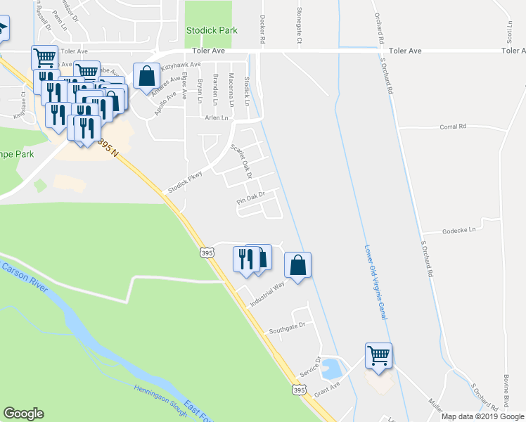 map of restaurants, bars, coffee shops, grocery stores, and more near 1371 Pin Oak Drive in Gardnerville