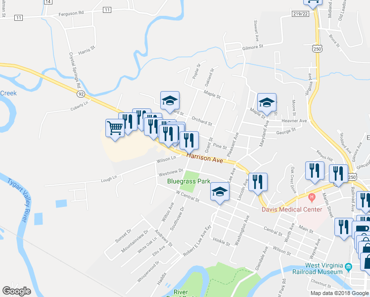 map of restaurants, bars, coffee shops, grocery stores, and more near 1404 Harrison Avenue in Elkins