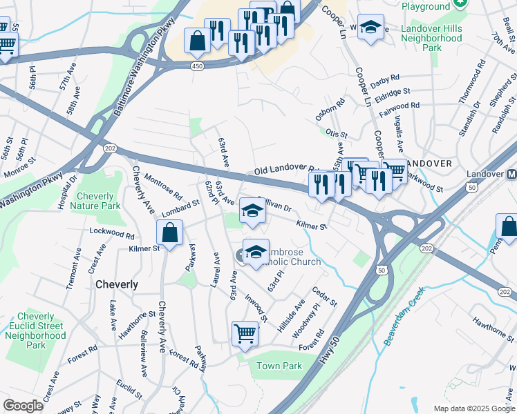 map of restaurants, bars, coffee shops, grocery stores, and more near 6316 Kilmer Street in Cheverly