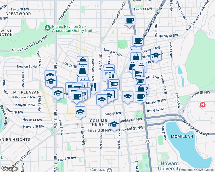 map of restaurants, bars, coffee shops, grocery stores, and more near 1105 Park Road Northwest in Washington