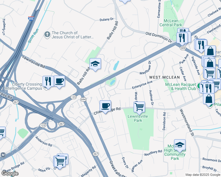 map of restaurants, bars, coffee shops, grocery stores, and more near 7220A Farm Meadow Court in McLean