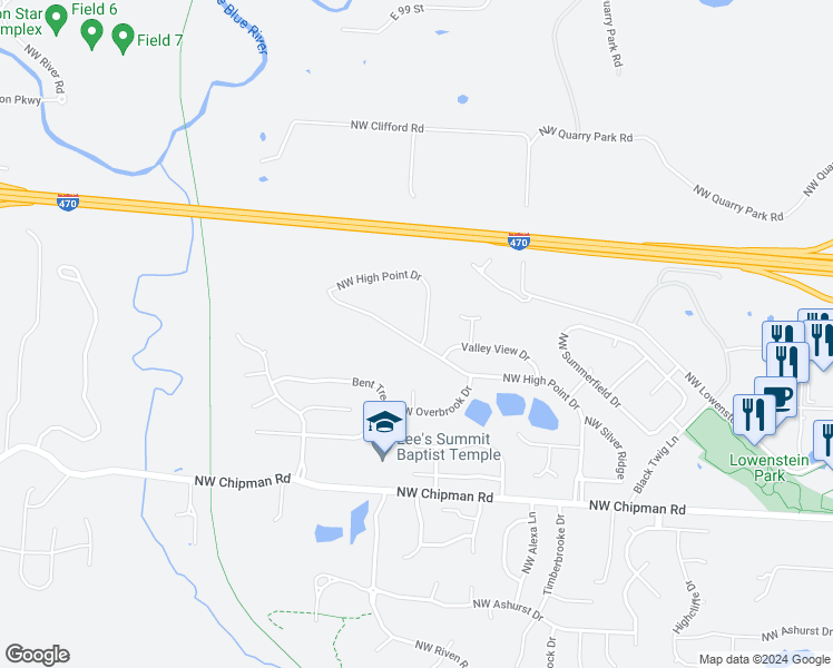 map of restaurants, bars, coffee shops, grocery stores, and more near 1083 Northwest High Point Drive in Lee's Summit