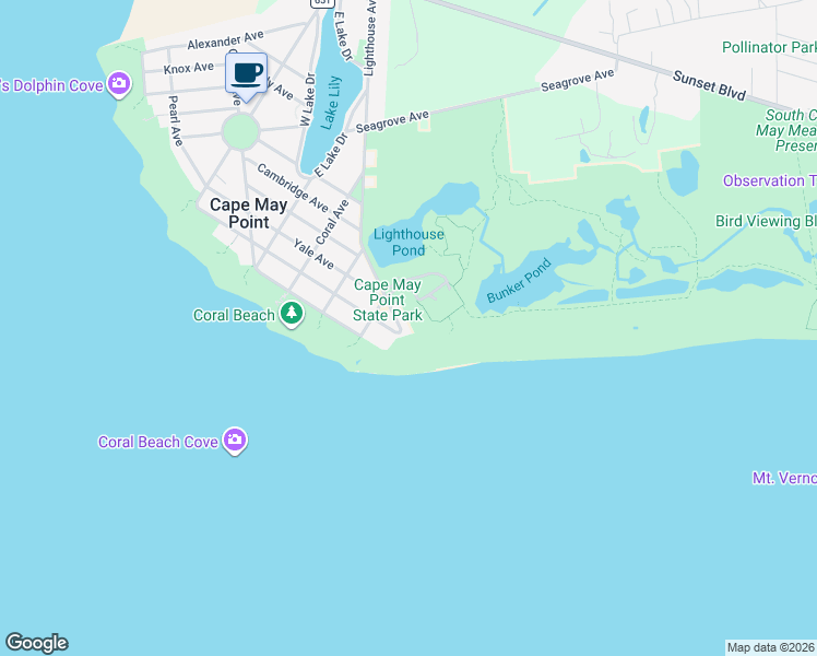 map of restaurants, bars, coffee shops, grocery stores, and more near 203 Lighthouse Road in Cape May Point