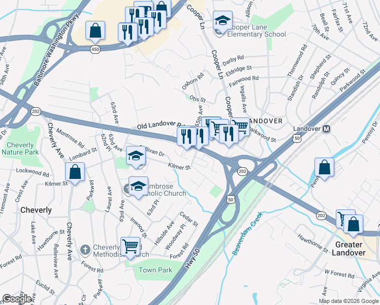map of restaurants, bars, coffee shops, grocery stores, and more near 6425 Landover Road in Cheverly