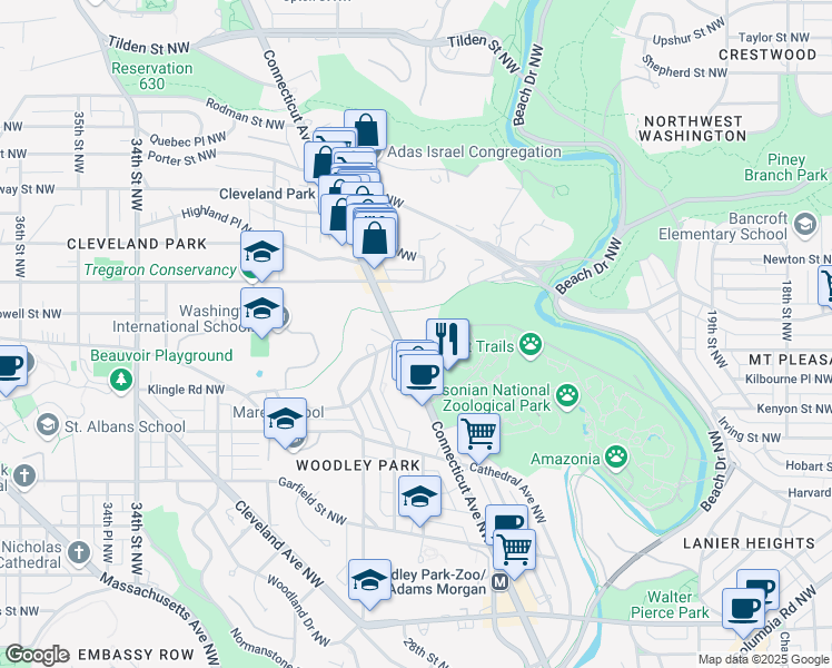 map of restaurants, bars, coffee shops, grocery stores, and more near 3133 Connecticut Avenue Northwest in Washington