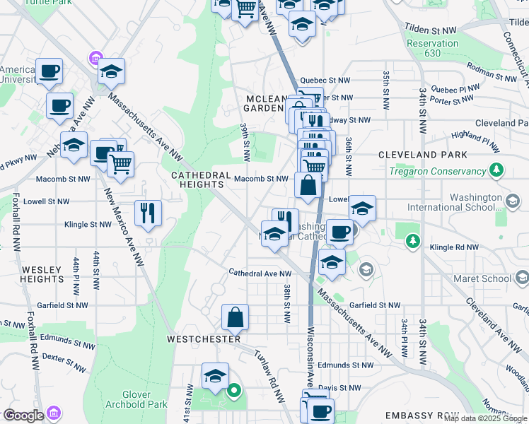 map of restaurants, bars, coffee shops, grocery stores, and more near 3846 Woodley Road Northwest in Washington