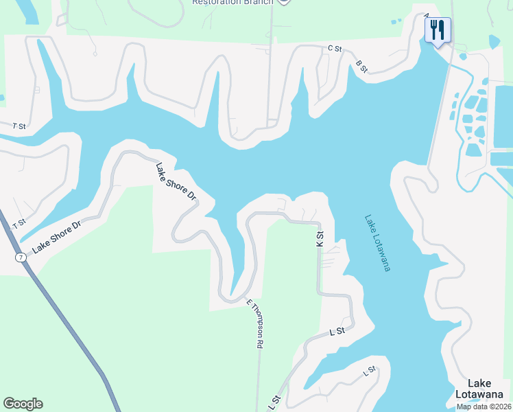 map of restaurants, bars, coffee shops, grocery stores, and more near 5R G Street in Lake Lotawana