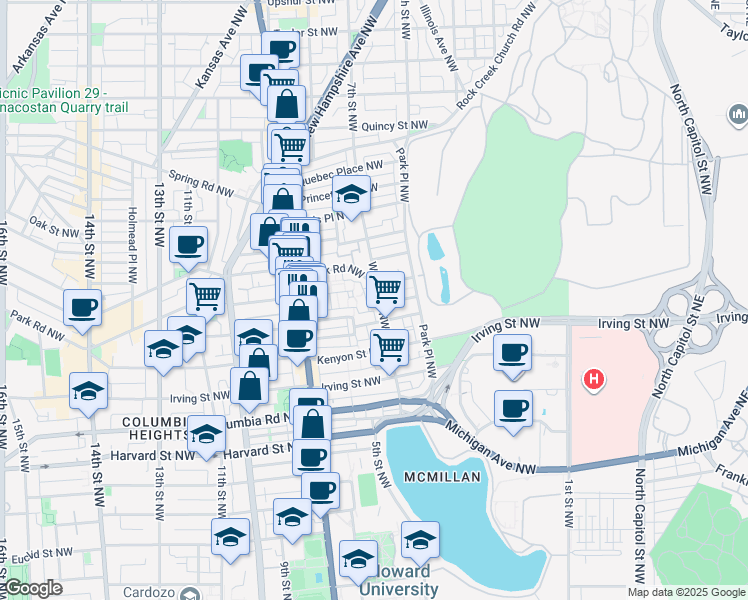 map of restaurants, bars, coffee shops, grocery stores, and more near 3406 Warder Street Northwest in Washington