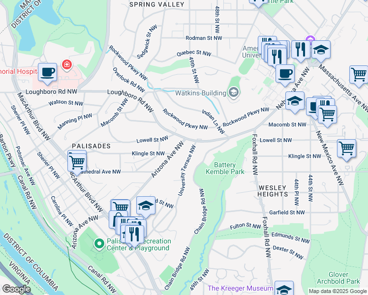 map of restaurants, bars, coffee shops, grocery stores, and more near 3121 Arizona Avenue Northwest in Washington