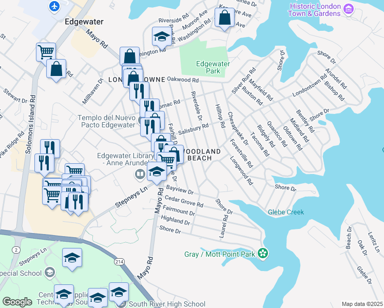 map of restaurants, bars, coffee shops, grocery stores, and more near 1713 Havre De Grace Drive in Edgewater