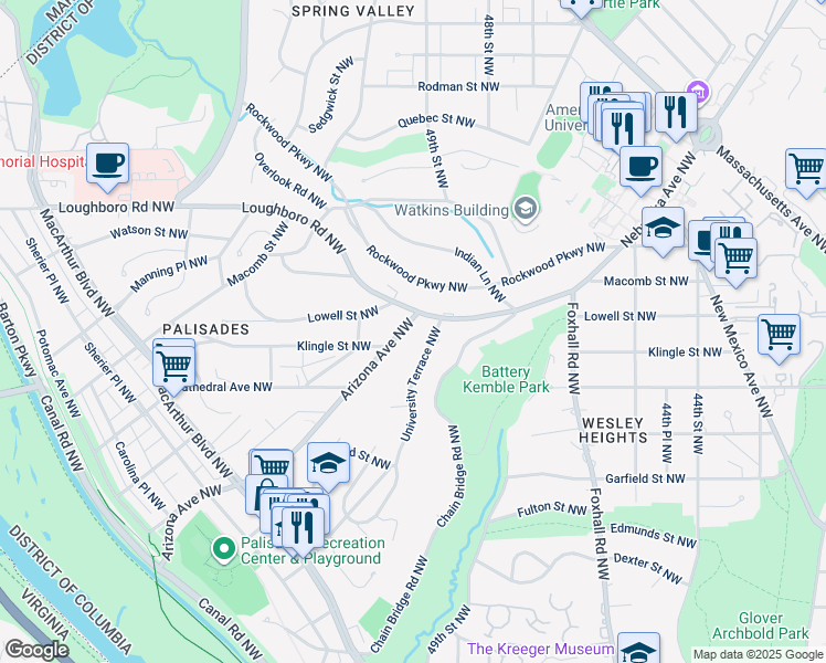 map of restaurants, bars, coffee shops, grocery stores, and more near 3121 Arizona Avenue Northwest in Washington