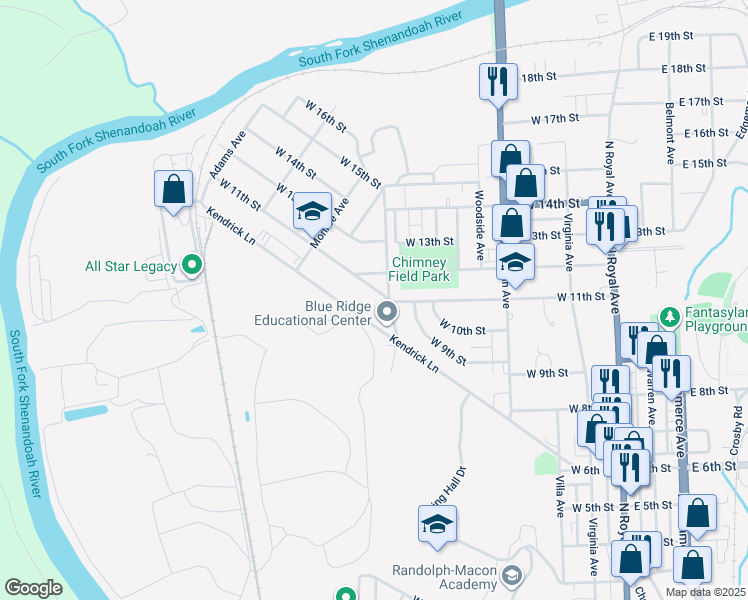 map of restaurants, bars, coffee shops, grocery stores, and more near 610 West 11th Street in Front Royal